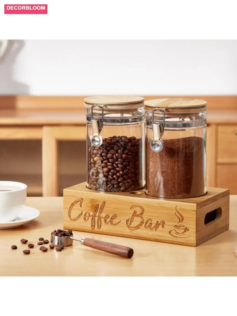 Coffee Canister Set with Shelf, Airtight Glass Storage for Coffee Beans & More